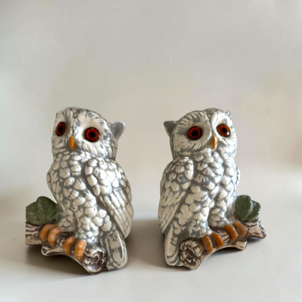 Vintage Ceramic Owl Wall Plaques Pair | Orange Amber Eyes | Mid Century Woodland